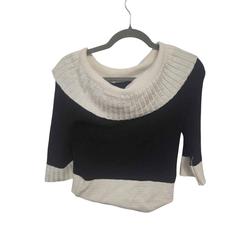 Solyne Paris Off Shoulder Knit‎ Sweater Black White Shimmer Ribbed 3/4 Sleeve
